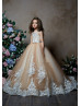 Beaded Ivory Lace Cappuccino Tulle Keyhole Back Flower Girl Dress